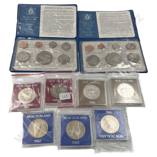 NZ 1982 Unc Coin Set x2 with unc $1 x3 and 1985 Black Stilt Unc $1 x2 1986 Royal Visit $1 x2