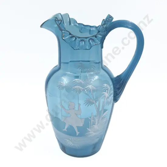 Mary Gregory Hand Painted Blue Glass Jug