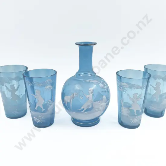 Mary Gregory Hand Painted Blue Glass Decanter and Four Cups