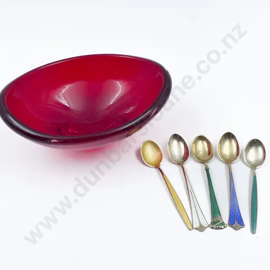 Four Danish Enamel /Silver Teaspoons on Ruby Glass Dish