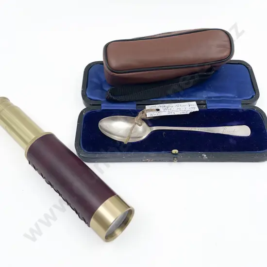 Cased Silver Spoon together with Telescope