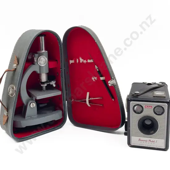 Vintage Cased Microscope together with Box Brownie