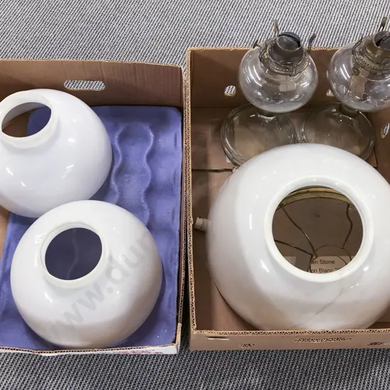 Two Boxes of Assorted Kerosene Lamps and Shades etc