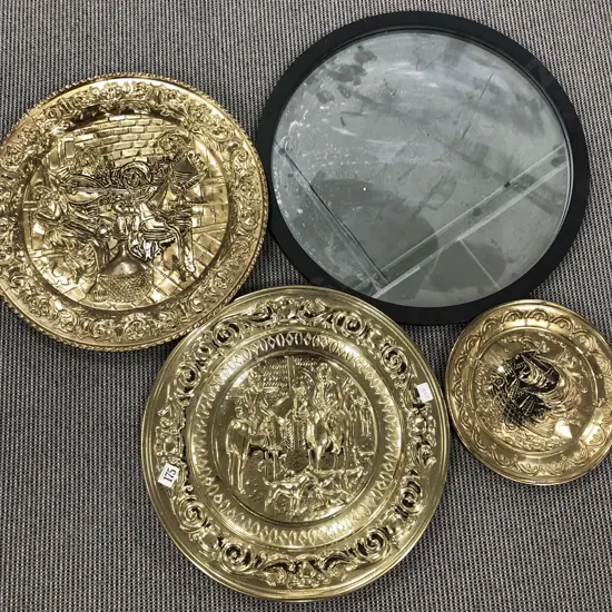 Three Assorted Brass Wall Hangings and Modern Wall Mirror