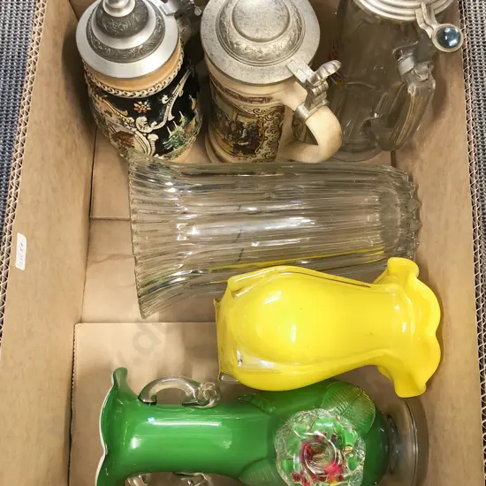 Box of Assorted Art Glass and Beer Steins etc