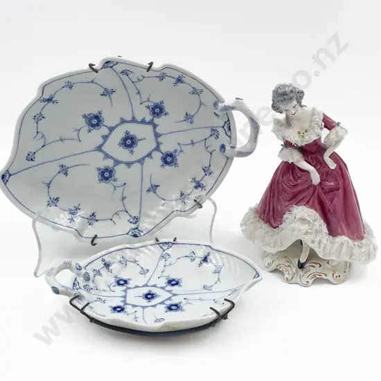 Graduated Pair of B&G Leaf Form Dishes together with Staffordshire Lace Figure (faults)