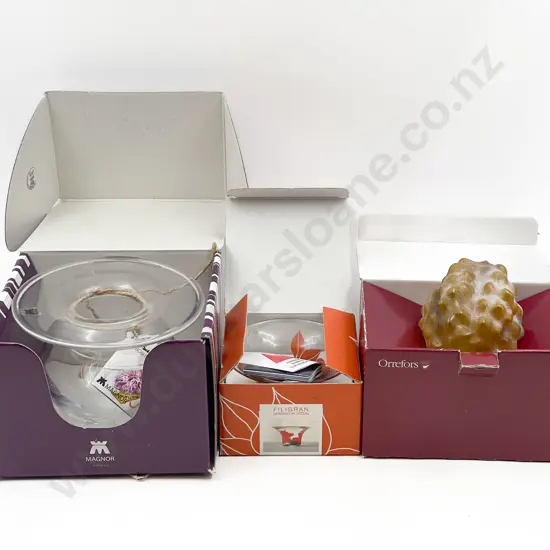 Boxed Orrefors Ornament and Two Boxed Vases