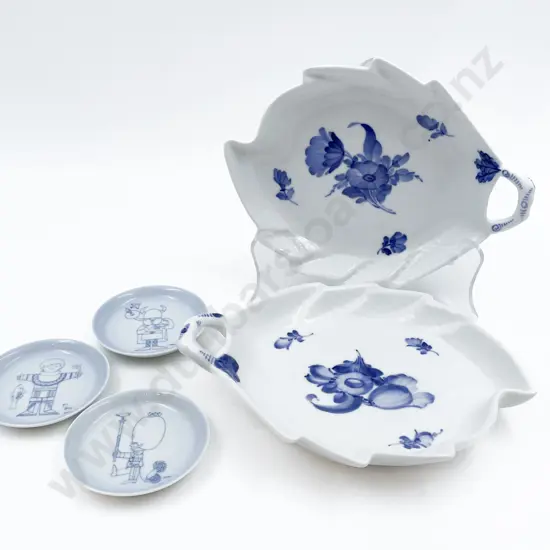 Pair of Royal Copenhagen Blue and White Leaf Form Dishes with Three Small B&G Dishes