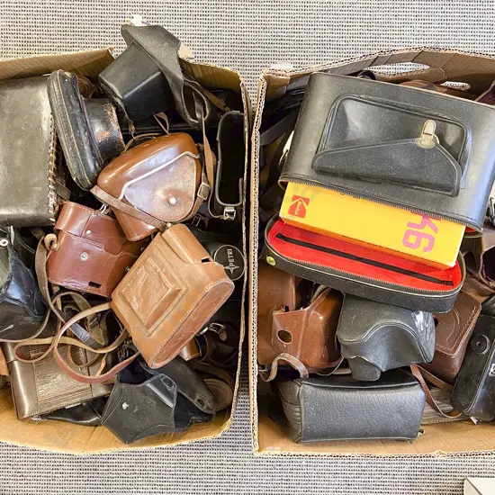 Two Boxes of Assorted Vintage Camera Cases etc