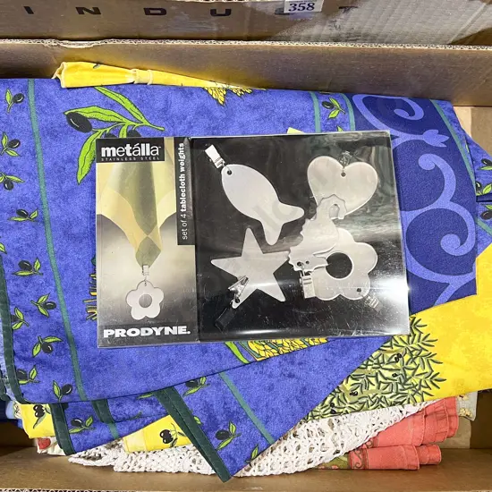 Box of Circular Linen Tablecloths and Tablecloth Weights