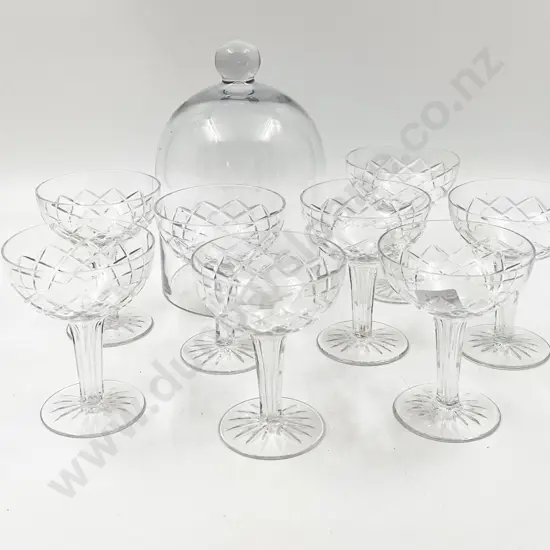 Eight Hollowed Stemmed Champagne Glasses with Glass Dome