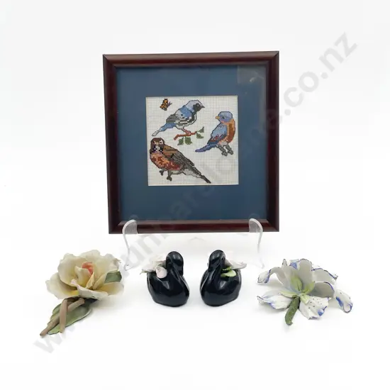 Four Assorted Ceramic Flower Ornaments together with Framed Needle Work