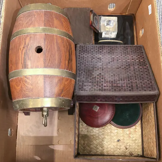 Box of Assorted including Desk Stand and Oak Barrel