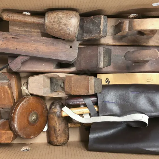 Box of Assorted Vintage Tools including Wooden Planes