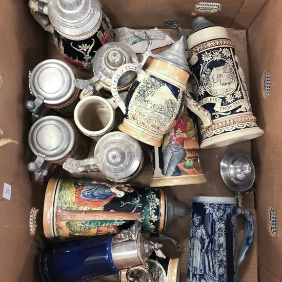 Box of Assorted Beer Steins etc