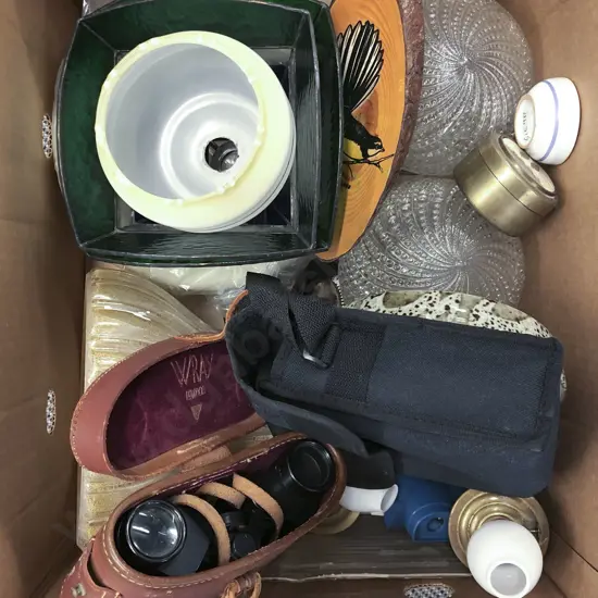 Box of Assorted including Glass Light Shades and Cased Binoculars etc