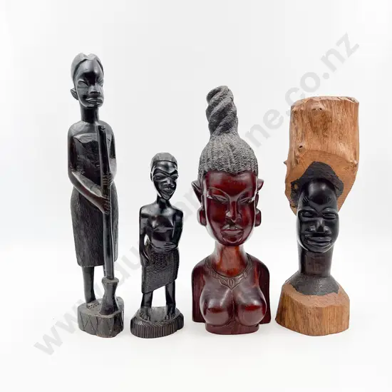 Two Carved Wood Standing Figures and Two Busts