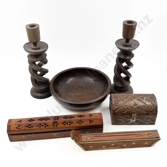 Two Wood Carved Candle Sticks with Others