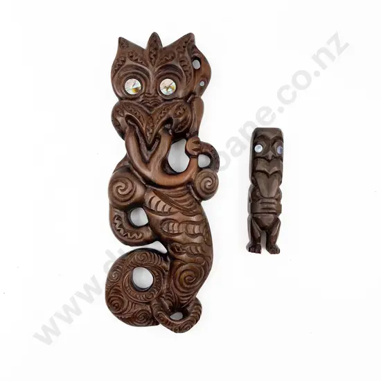 Carved Wooden Taniwha with Pou Whakairo