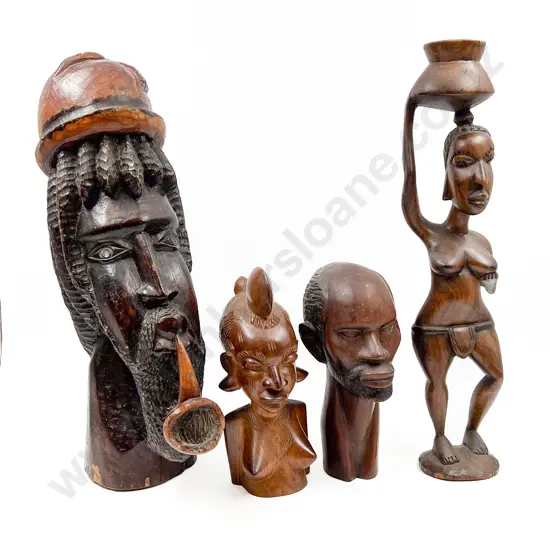 Four Assorted African Carved Wood Tourist Ware Busts etc