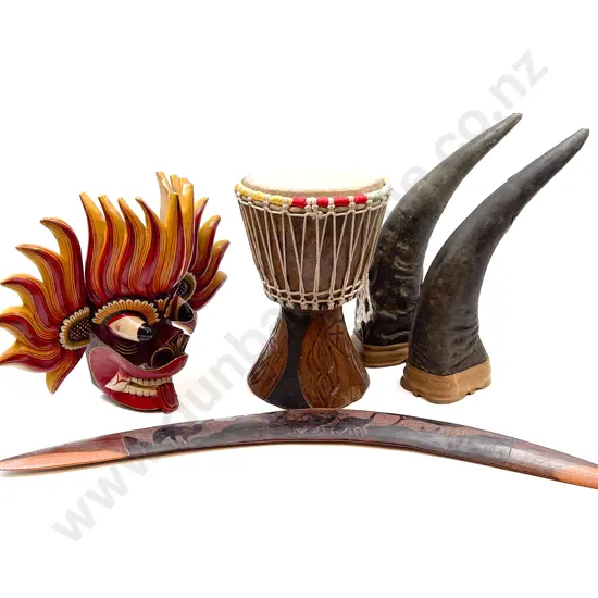Quantity of Assorted Including Boomerang Barong Mask and Drum