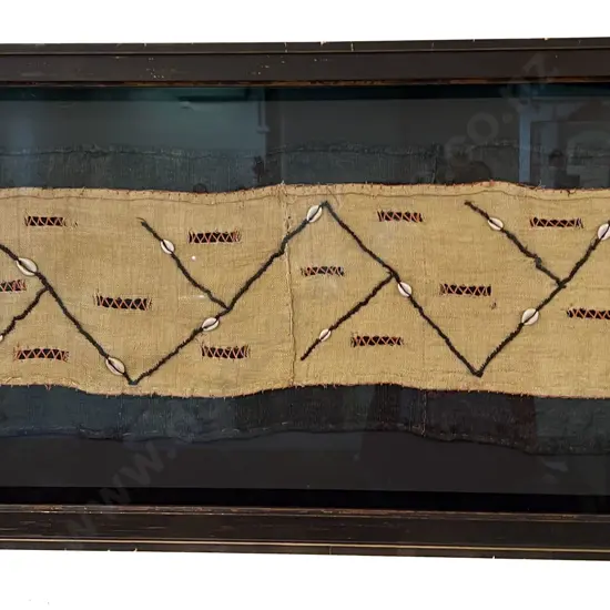 Vintage Framed Kuba Cloth African Textile Wall Art Piece with Conch Shells
