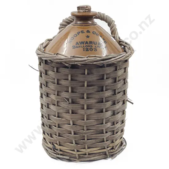 Vintage Stoneware 2 Gallon Bottle in Wicker Carrier