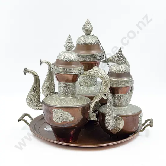 Graduated Set of Three Copper Tea Pots on Tray