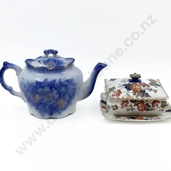Blue and White Tea Pot Together with Fancy China Dish and Tray