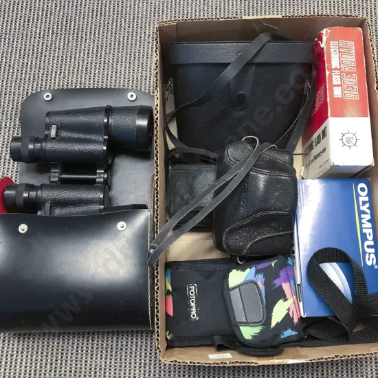 Box of Assorted Vintage Cameras and Binoculars etc