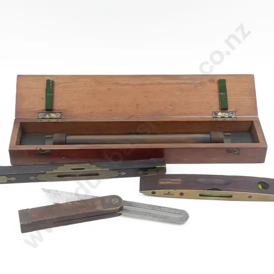Two Vintage Levels with Two other Measuring Implements