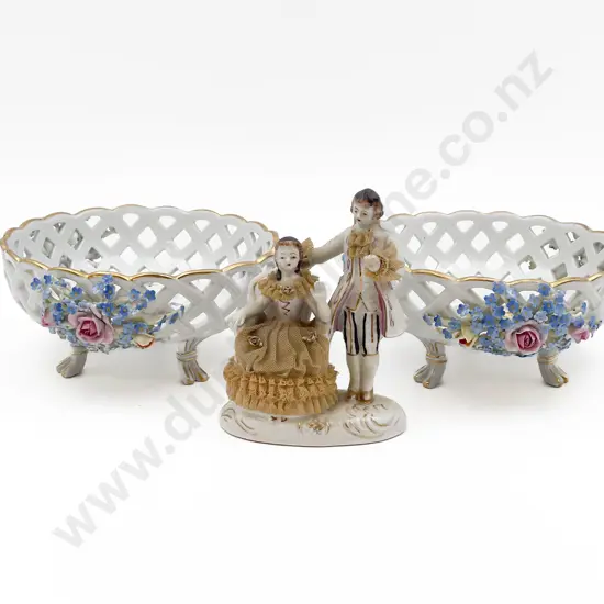 Pair of Fancy Footed China Bowls together with Dresden Figure Group