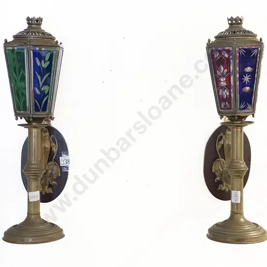 Pair of Brass Wall Lanterns with Flashed Glass Panels