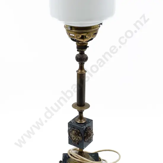 Gilt Metal & Marble Lamp With Opaque Glass Shade