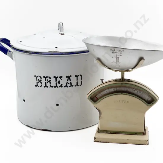 Enamel Lidded Bread Pot with Vintage Salter Scales