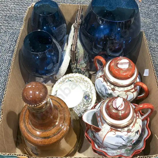 Three Blue Glass Brandy Balloons together with Vintage Purses and Four Pieces of Satsuma etc