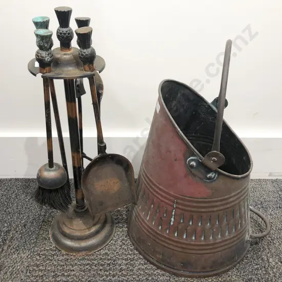 Copper Coal Bin together with Four Piece Fire Tidy Set