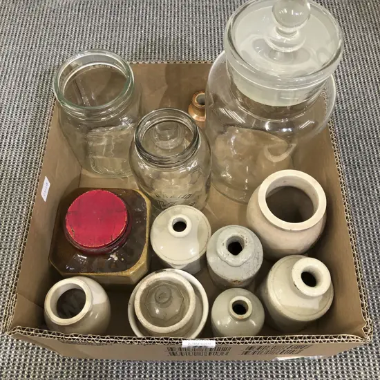 Box of Assorted Vintage Ceramic and Glass Bottles