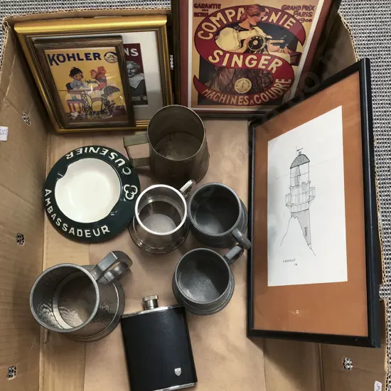 Quantity of Assorted Including Advertising Prints with Pewter and Hipflask etc