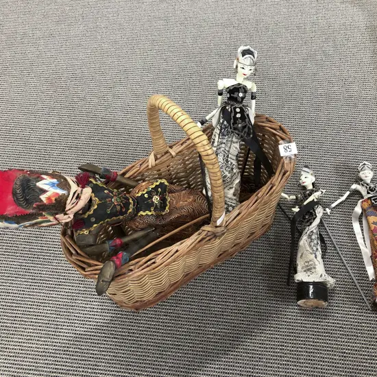 Wicker Basket with Vintage Puppets