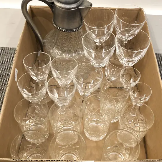 Box of Assorted Glassware Together with Claret Jug