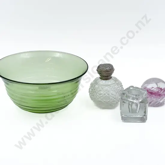 Art Glass Paperweight Together with Two Others in Green Glass Bowl