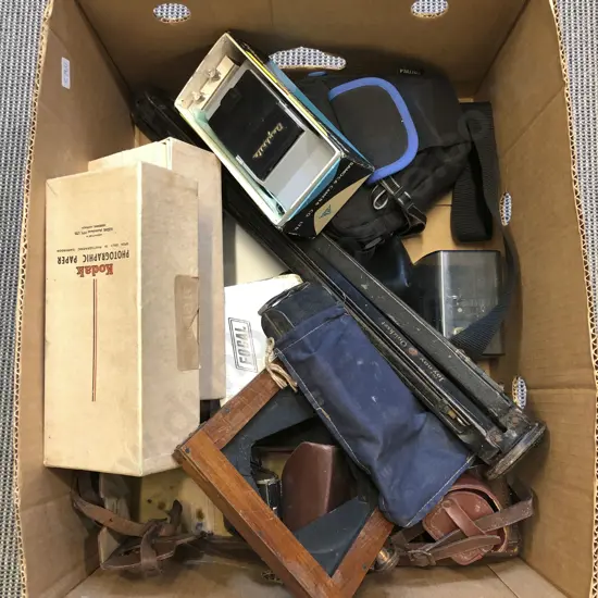 Box of Assorted Vintage Cameras and Accessories