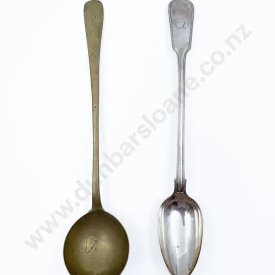 Brass Ladle Together with Large Plated Spoon