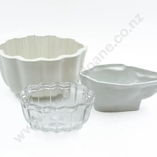Two Ceramic Food Moulds Together with Glass Jelly Mould