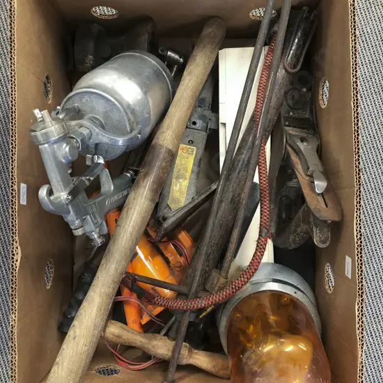 Box of Assorted Vintage Tools Together with Car Siren