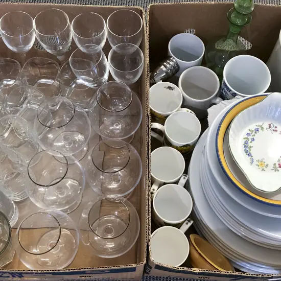 Two Boxes Including Glassware and Kitchen Crockery etc
