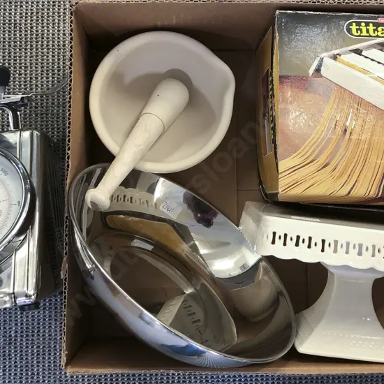 Box of Assorted Kitchenalia Including Pasta Maker with Mortar and Pestle