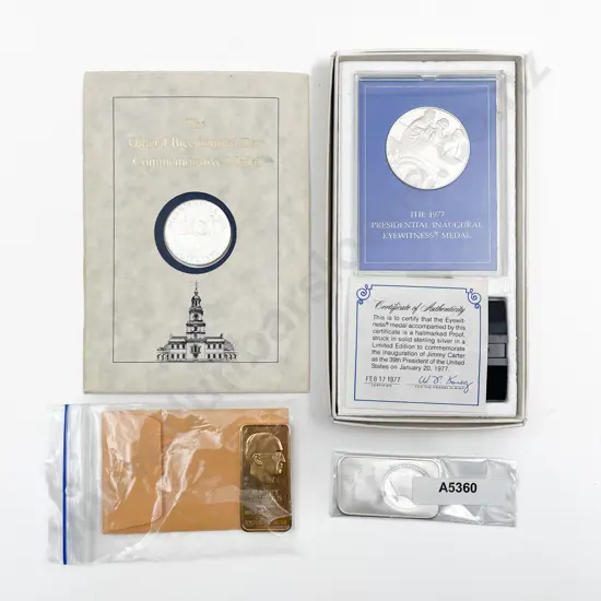 US 1976 Truman 1oz .999 Fine Silver Bar and Gold Plated Bar 1976 Silver Medal 1977 Silver Medal