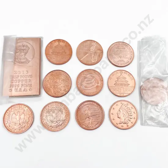 US 2013 Half Pound .9995 Copper Bar and 11 Various Copper Rounds